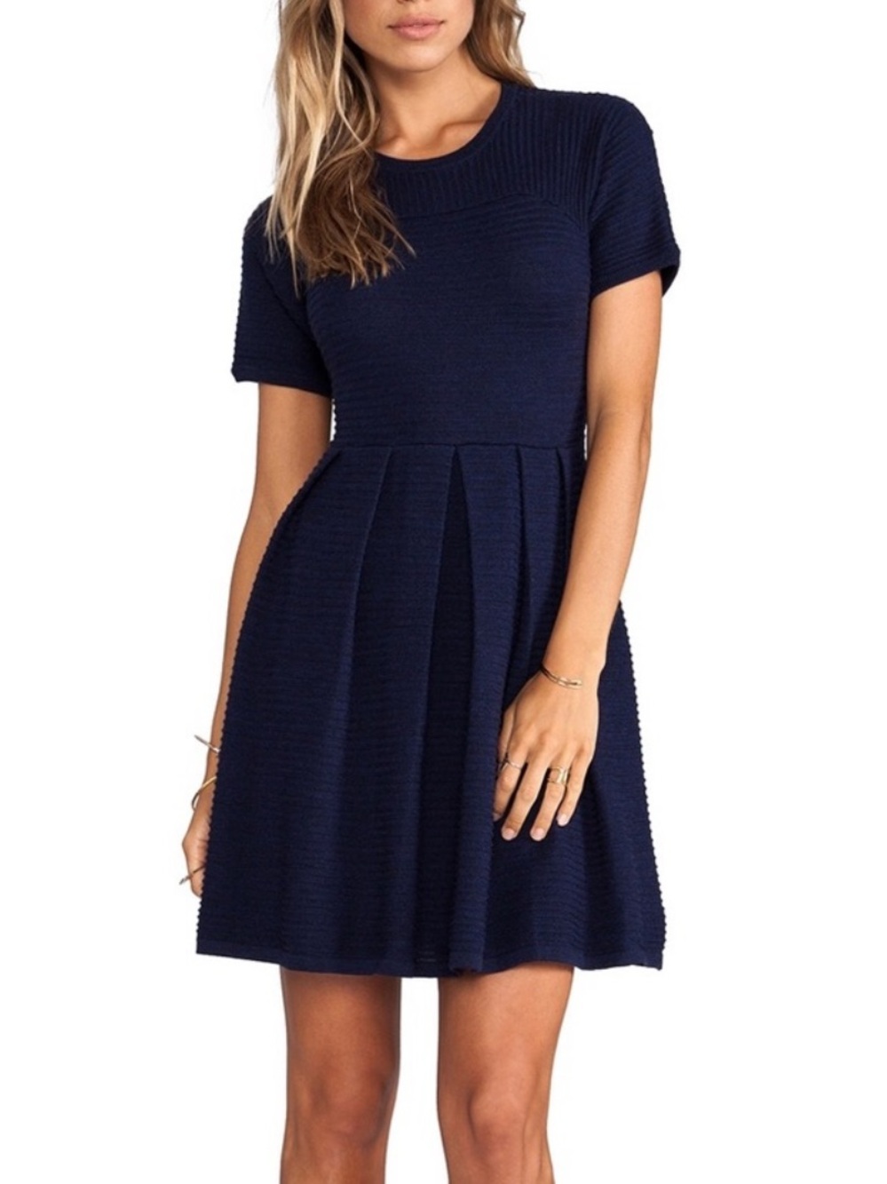 Shoshanna Valentina Navy Merino Wool Sweater Dress Fit Flare Size P (XS)